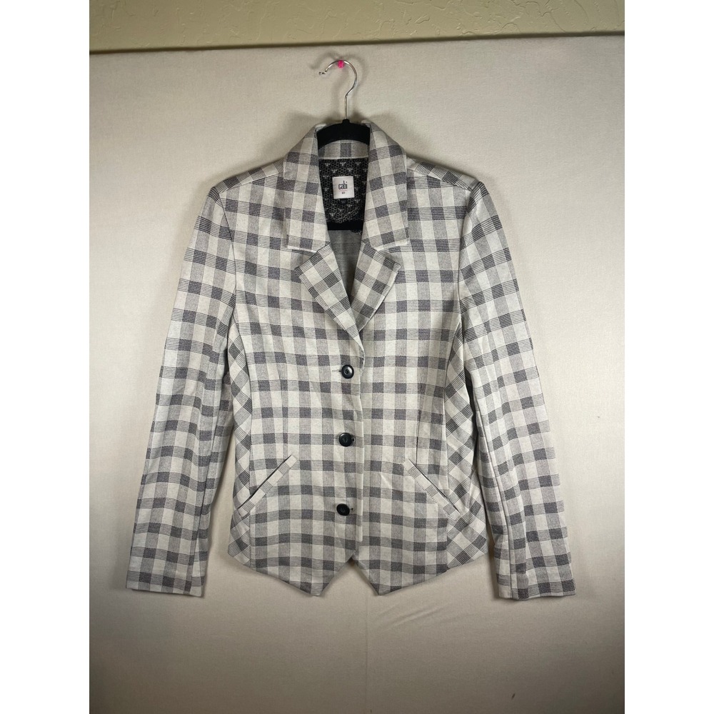 Cabi Womens Grey White Plaid Knit Blazer Jacket Size 10 Notched Lapel G93 - Picture 2 of 7